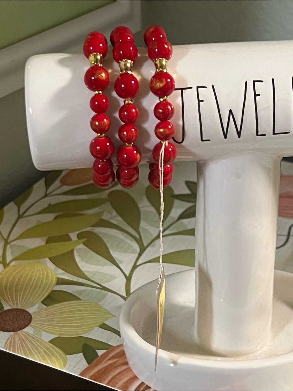 NWT Three Red Jade Stretch Bracelet Set #BJBR